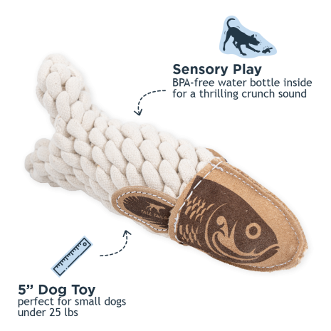 Tall Tails Natural Leather Crunch Fish Rope Dog Toy